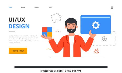 Bearded young man is working on ui ux design project. Concept for design online classes or seminar banner, ads, landing page, application. Flat cartoon vector illustration