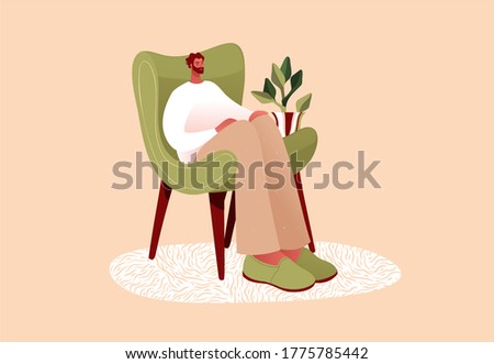 Bearded young sitting in the armchair. Lockdown or quarantine concept. Procrastination, psychotherapy, thinking, digital detox. Cartoon character vector illustration in flat style.