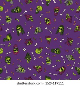 Bearded zombie skulls with  bones and worms, purple seamless pattern. Male green skull with a stylish green haircut, beard and mustache. Picture for Halloween.
