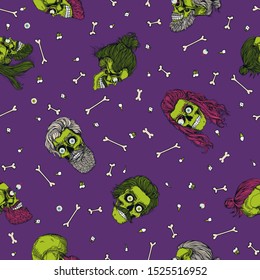 Bearded zombie skulls with eyeball, bones and teeth, purple seamless pattern. Male green skull with a stylish haircut, beard and mustache. Picture for Halloween.