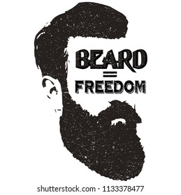 Beard=Freedom quote inside bearded man's face. Retro lettering vector. Black on white. Barbershop Logotype.T-shirt design.Print.Freedom concept