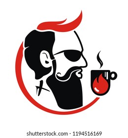 Beardman with red hair and cup of hot drink. Black beard and moustache. Red drop on black cup. Sign of charging. Man looks at a cup of mulled wine. Cup of morning coffee or tea. Vector illustration.
