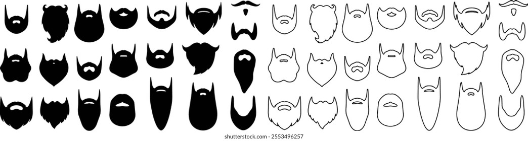 Beards Black silhouette icon in flat line set. Symbol of man beard Vector for apps or website beards for men face isolated on transparent background Hipster or retro gentleman with long curly beard