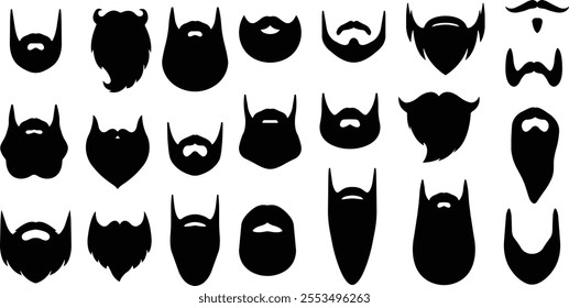 Beards Black silhouette icon in flat set. Symbol of man beard Vector for apps or website beards for men face isolated on transparent background Hipster or retro gentleman with long curly beard