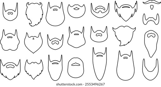 Beards Black silhouette icon in line set. Symbol of man beard Vector for apps or website beards for men face isolated on transparent background Hipster or retro gentleman with long curly beard