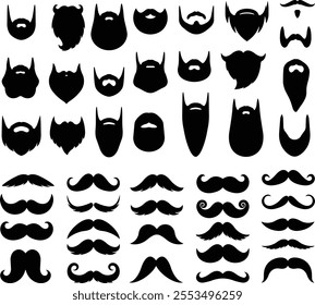 Beards, moustache icon in flat line set. Vector for apps or website for men face isolated on transparent background Symbol of man Hipster or retro gentleman with long curly beard moustache