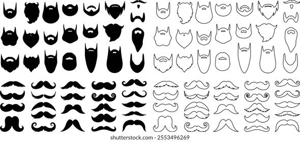 Beards, moustache icon in flat line set. Vector for apps or website for men face isolated on transparent background Symbol of man Hipster or retro gentleman with long curly beard moustache