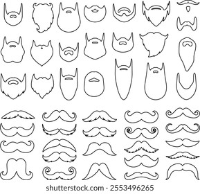 Beards, moustache icon in line set. Vector for apps or website for men face isolated on transparent background Symbol of man Hipster or retro gentleman with long curly beard moustache