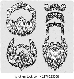 Beards and mustache set. Black and white illustration. Isolated on light backgrond with grunge noise and frame.