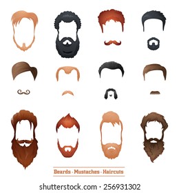 Beards and Mustaches and Hairstyles set different types of haircuts Vector Illustration.