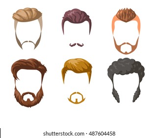 Beards, mustaches and hairstyles set. Different male styles and types of haircuts. Vector Illustration isolated on white.