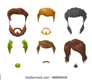 Beards, mustaches and hairstyles set. Different male styles and types of haircuts. Vector Illustration isolated on white.