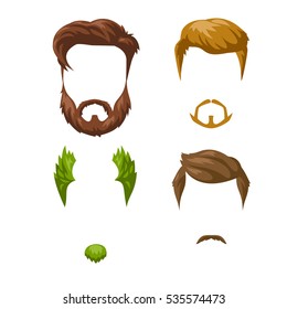 Barbas, bigodes e penteados ajustados. Diferentes estilos masculinos e tipos de cortes de cabelo. Ilustração vetorial isolada em branco.