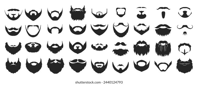 Beards and mustaches mega set in flat graphic design. Bundle elements of male facial hairstyles black silhouettes for barbershop models and hipster portraits. Vector illustration isolated objects