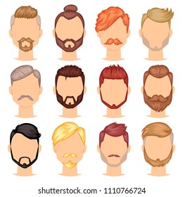 Beards vector portraite of bearded man with male haircut in barbershop and barbed mustache on hipsters face illustration set of barber manlike hairstyle isolated on white background