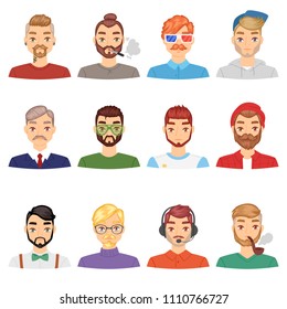 Beards vector portraite of bearded man with male haircut in barbershop and barbed mustache on hipsters face illustration set of people with barber hairstyle isolated on white background