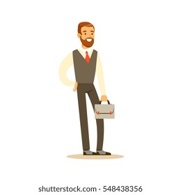 Beardy Businessman With Suitcase, Business Office Employee In Official Dress Code Clothing Busy At Work Smiling Cartoon Characters