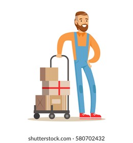 Beardy Delivery Service Worker With Loaded Cart, Smiling Courier Delivering Packages Illustration