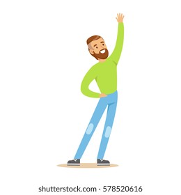 Beardy Man In Green Sweater Overwhelmed With Happiness And Joyfully Ecstatic, Happy Smiling Cartoon Character