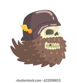 Beardy Scull Smiling Wearing Black Helmet, Colorful Sticker With War And Biker Culture Attributes Vector Icon
