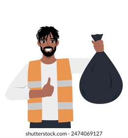 Beared man in a vest holding a black plastic bin bag. Flat vector illustration isolated on white background