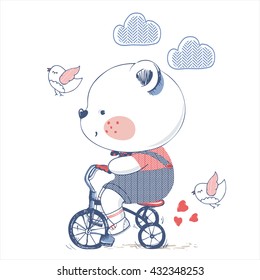 bear/hand drawn vector illustration of Cute Bear Riding a Bicycle/Tricycle/can be used for kid's or baby's shirt design/fashion print design/fashion graphic/t-shirt/kids wear/tee