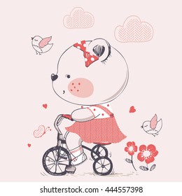 bear/hand drawn vector illustration of Cute bear girl Riding a Bicycle/Tricycle/can be used for kid's or baby's shirt design/fashion print design/fashion graphic/t-shirt/kids wear