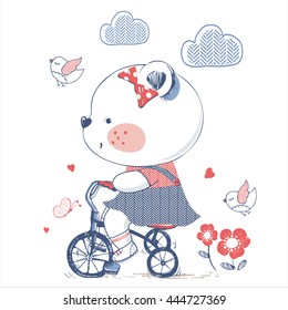 bear/hand drawn vector illustration of Cute bear girl Riding a Bicycle/Tricycle/can be used for kid's or baby's shirt design/fashion print design/fashion graphic/t-shirt/kids wear