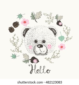 bear/hand drawn vector illustration of cute teddy bear in frame of leafs with lettering "hello"/can be used for kid's or baby's shirt design/fashion print design/fashion graphic/t-shirt/kids wear

