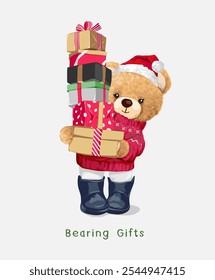 bearing gifts slogan with cute girly bear doll holding stack of gifts vector illustration