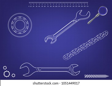 bearing, wrench and chain on a blue background. 3d model