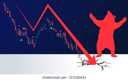 bearish bear win market collapse candle stick fall in crack floor. Falling down trend. Share, stock, cryptocurrency, coin, market, finance, business, invest vector illustration.