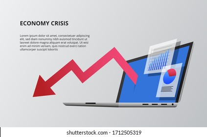 Bearish Down Economy With Red Arrow And Device Open Laptop 3D Perspective Isometric. Data Infographic Data Visualization With Chart And Stats.