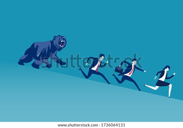 Bearish market vector concept: Angry bear chasing after business people running downhill