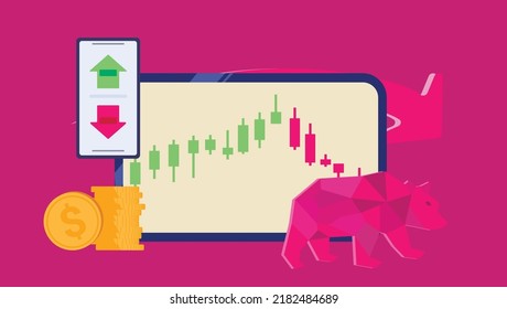 Bearish Stock Market With Candlestick Chart, Bull, Phone, And Coin