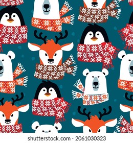 Bear,penguin and deerseamless pattern.Flat cartoon christmas background with heads of animals tied with patterned mufflers.Vector illustration for wallpaper, wrapping paper, print for clothing,covers.