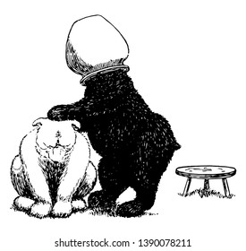 Bears 12, this picture shows white bear bent down and black bear's head stuck in jar putting his hands on back of white bear, vintage line drawing or engraving illustration