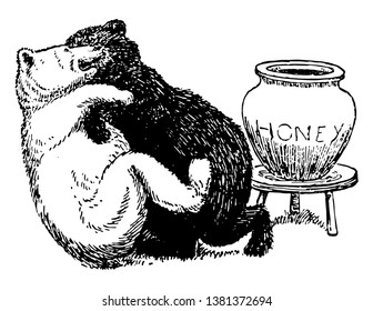Bears 7, this this picture shows black bear and white bear fighting for honey, honey jar kept on small table, vintage line drawing or engraving illustration