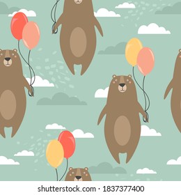 Bears, air balloons, hand drawn backdrop. Colorful seamless pattern with animals. Decorative cute wallpaper, good for printing. Overlapping colored background vector. Design illustration