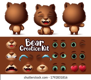 Bears Animal Characters Creation Vector Set. Bear Character Kit Editable Create With Different Feelings And Emotion For Animals Cartoon Collection Design. Vector Illustration 