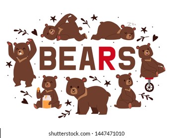 Bears banner vector illustration. Cartoon brown grizzly bear. Teddy in different pose and activities, sitting, dancing and lying, eating sweet honey, riding unicycle, sleeping.