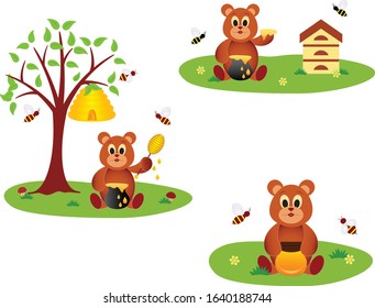 Bears, Bees, Honey and Beehives Vector Illustration