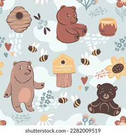 Bears, bees and honey, seamless pattern with vector hand drawn illustrations