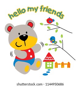 bears and birds are playing, cartoon vector illustrtaion