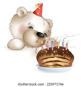 Bears blows out candles on the cake. The white background.
