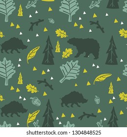 Bears and boars walk in the woods. On a green background. Seamless pattern.