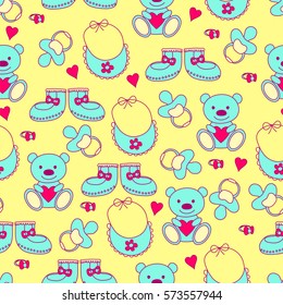 Bears, booties, bibs and pacifiers seamless pattern. Vector illustration.