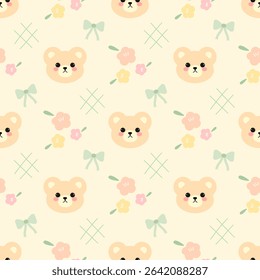 Bears bow flowers on brown background, Fabric pattern,  gift wrapping paper , seamless pattern 