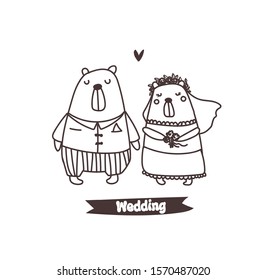 Bears, bride and groom on a white background. Newlyweds on an isolated background. Vector illustration. Hand drawing. You can use for greeting cards, wedding invitations, wedding logo Agency.