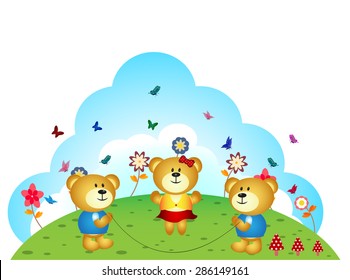 bears brothers are playing jump rope in the garden